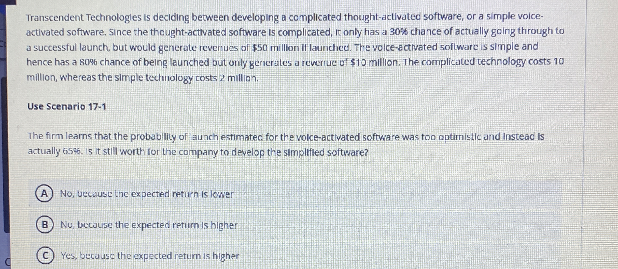  Transcendent Technologles is deciding between developing a complicated thought-actlvated software, or