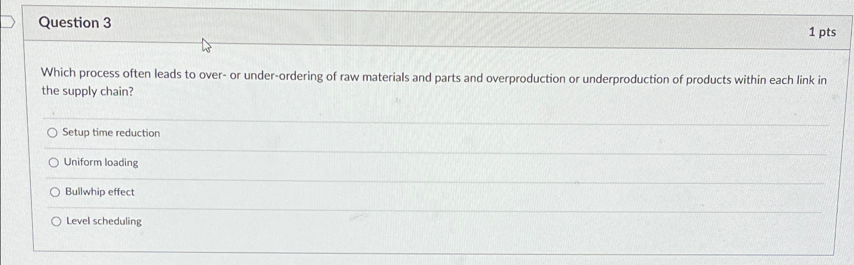  Question 3 1pts Which process often leads to over- or under-ordering