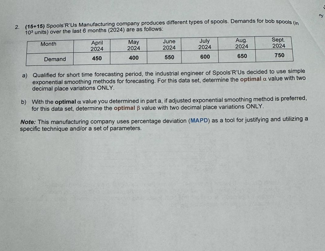  2.\(\mathbf{(15+15)}\) Spools'R'Us Manufacturing company produces different types of spools. Demands for