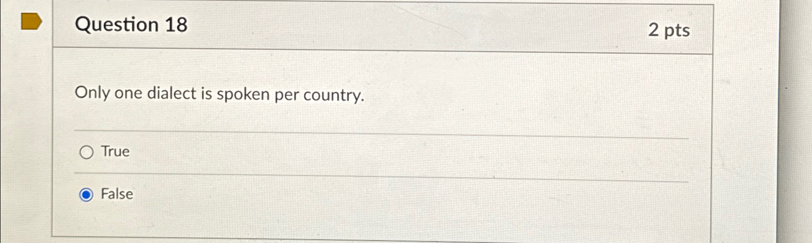  Question 18 2 pts Only one dialect is spoken per country.