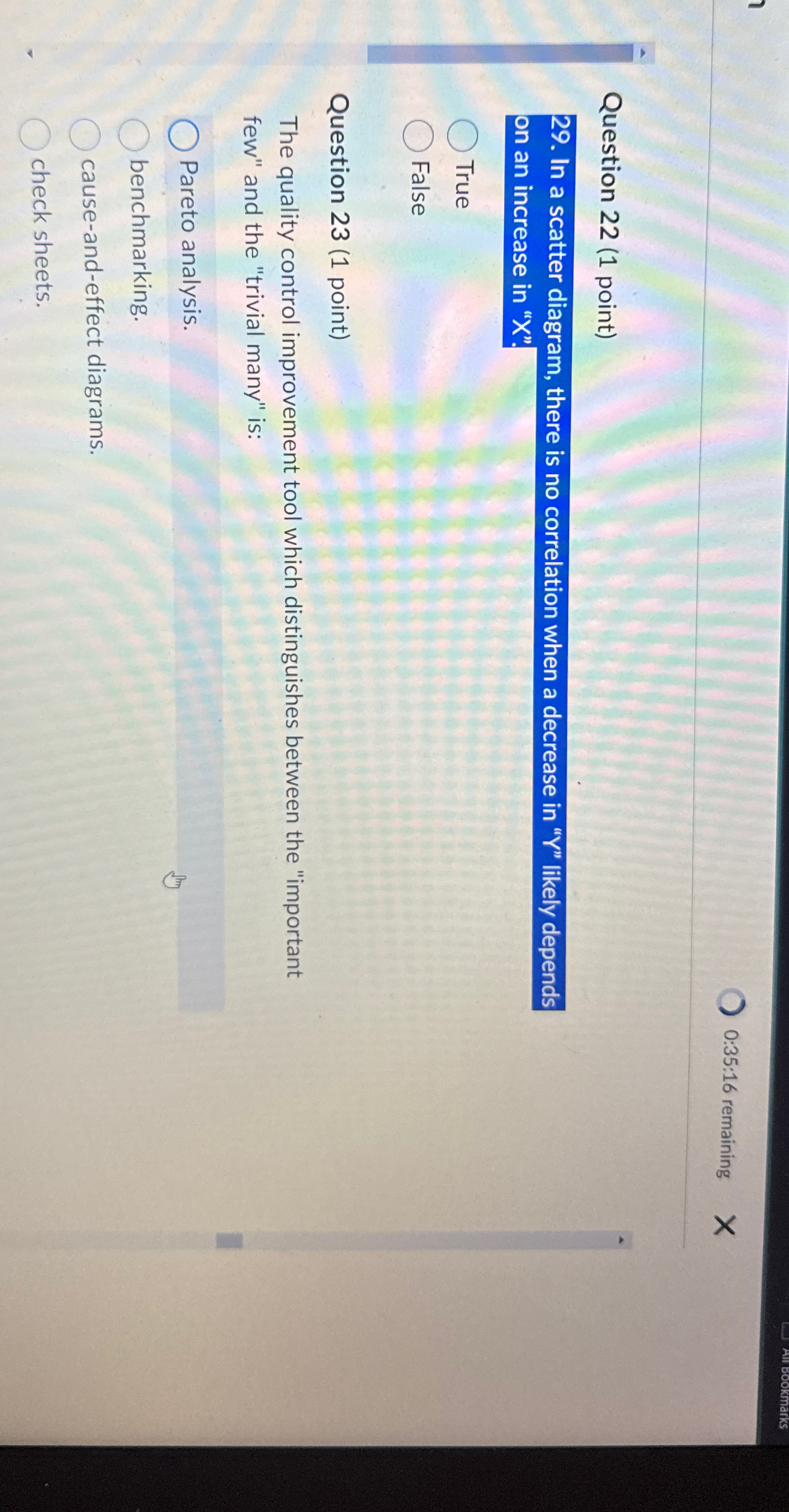  0:35:16 remaining Question 22(1 point) 29. In a scatter diagram, there