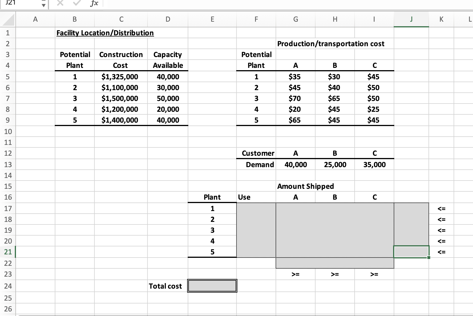  This question refers to Facility Location / Distribution: example in the