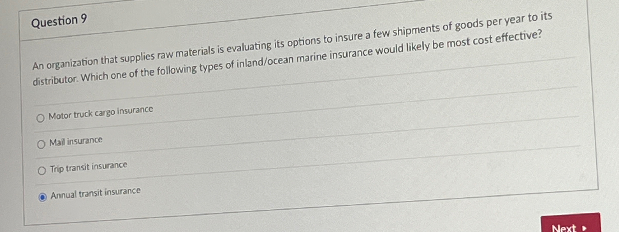  Question 9 An organization that supplies raw materials is evaluating its