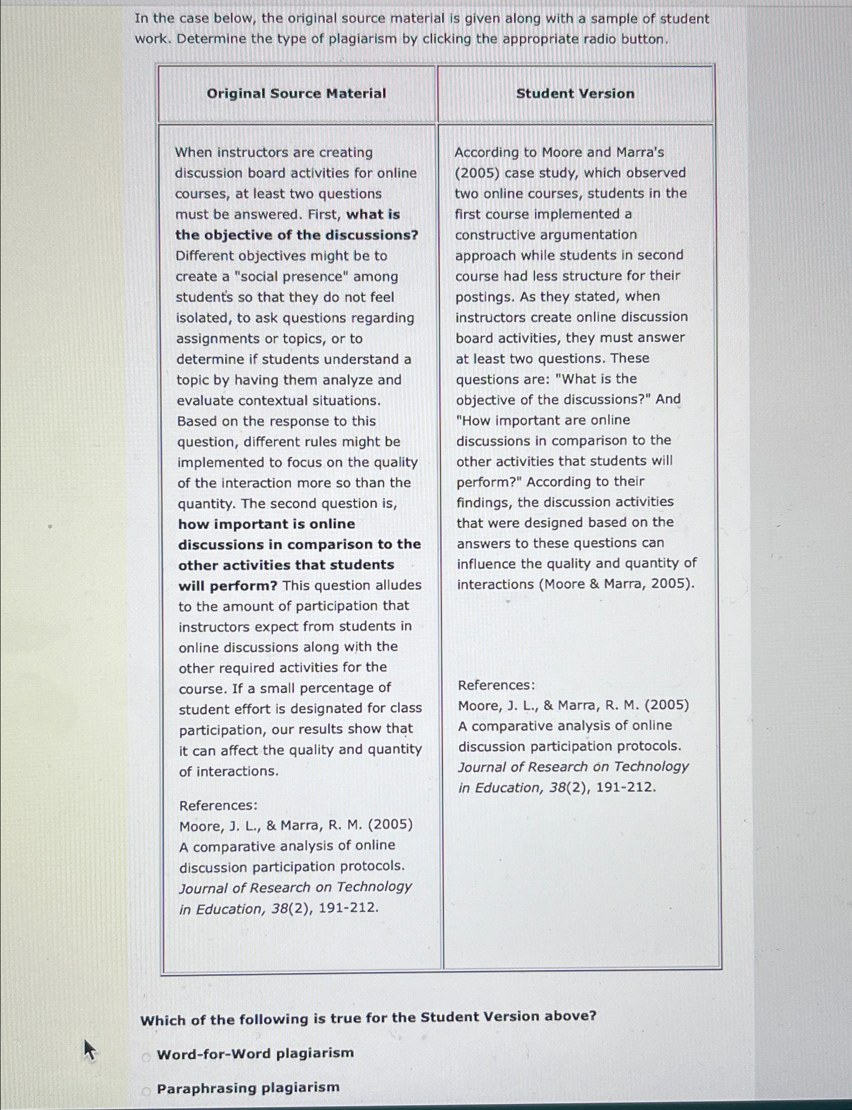  In the case below, the original source material is given along