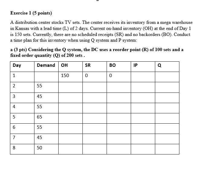 Exercise 1(5 points) A distribution center stocks TV sets. The center