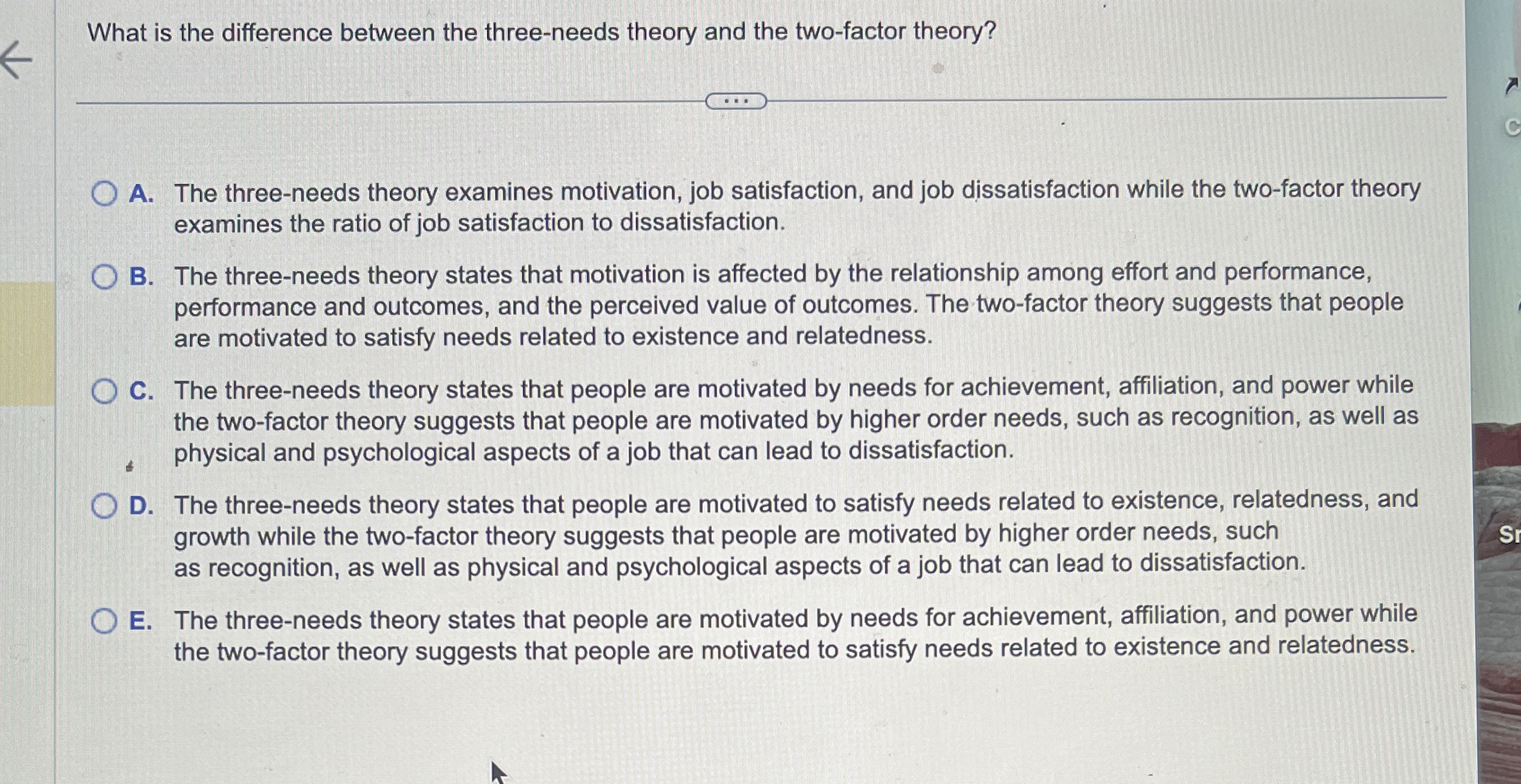  What is the difference between the three-needs theory and the two-factor