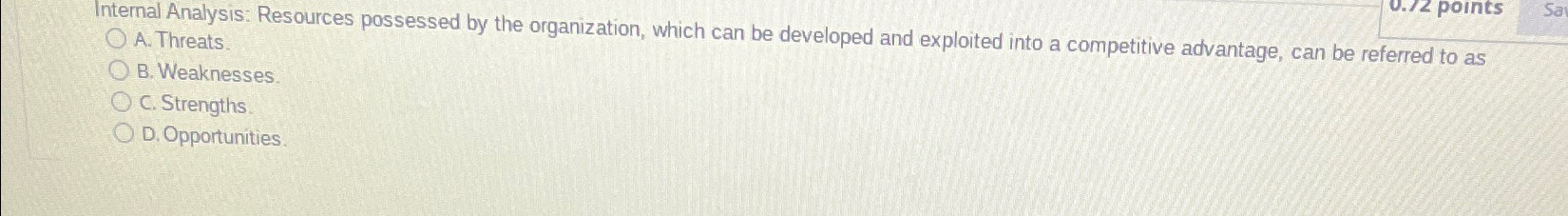  Internal Analysis: Resources possessed by the organization, which can be developed