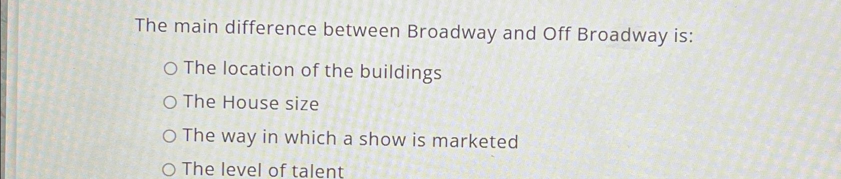  The main difference between Broadway and Off Broadway is: The location