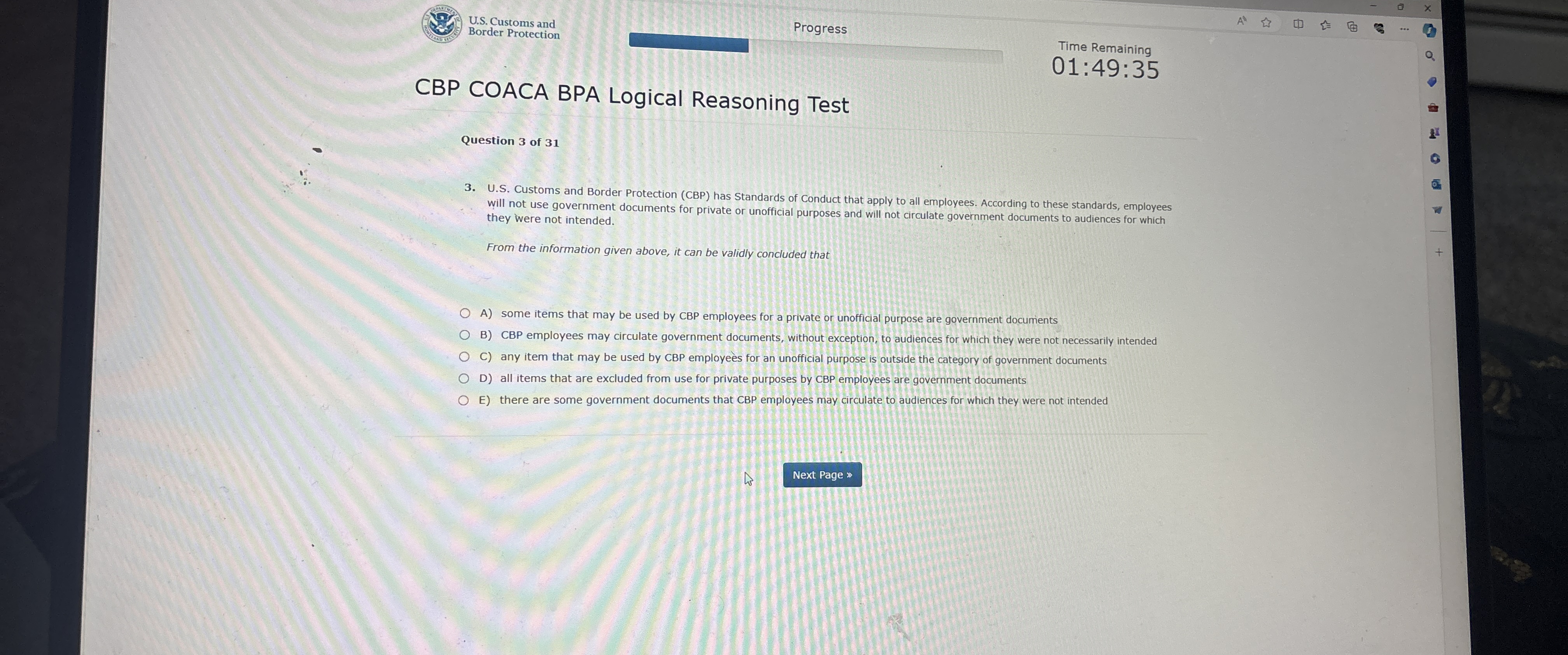  U.S. Customs and Border Protection Progress Time Remaining 01:49:35 CBP COACA
