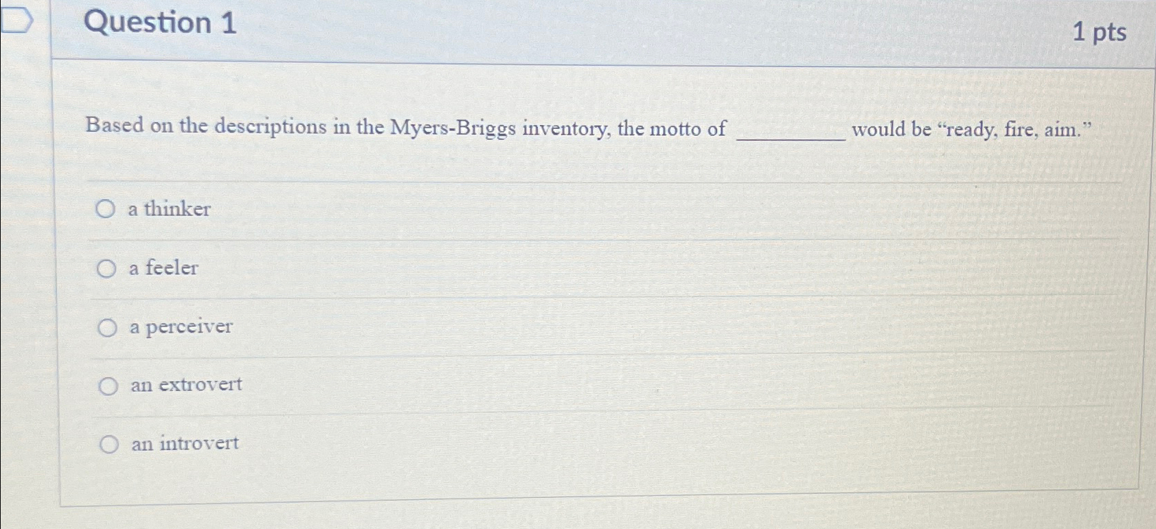  Question 1 1pts Based on the descriptions in the Myers-Briggs inventory,