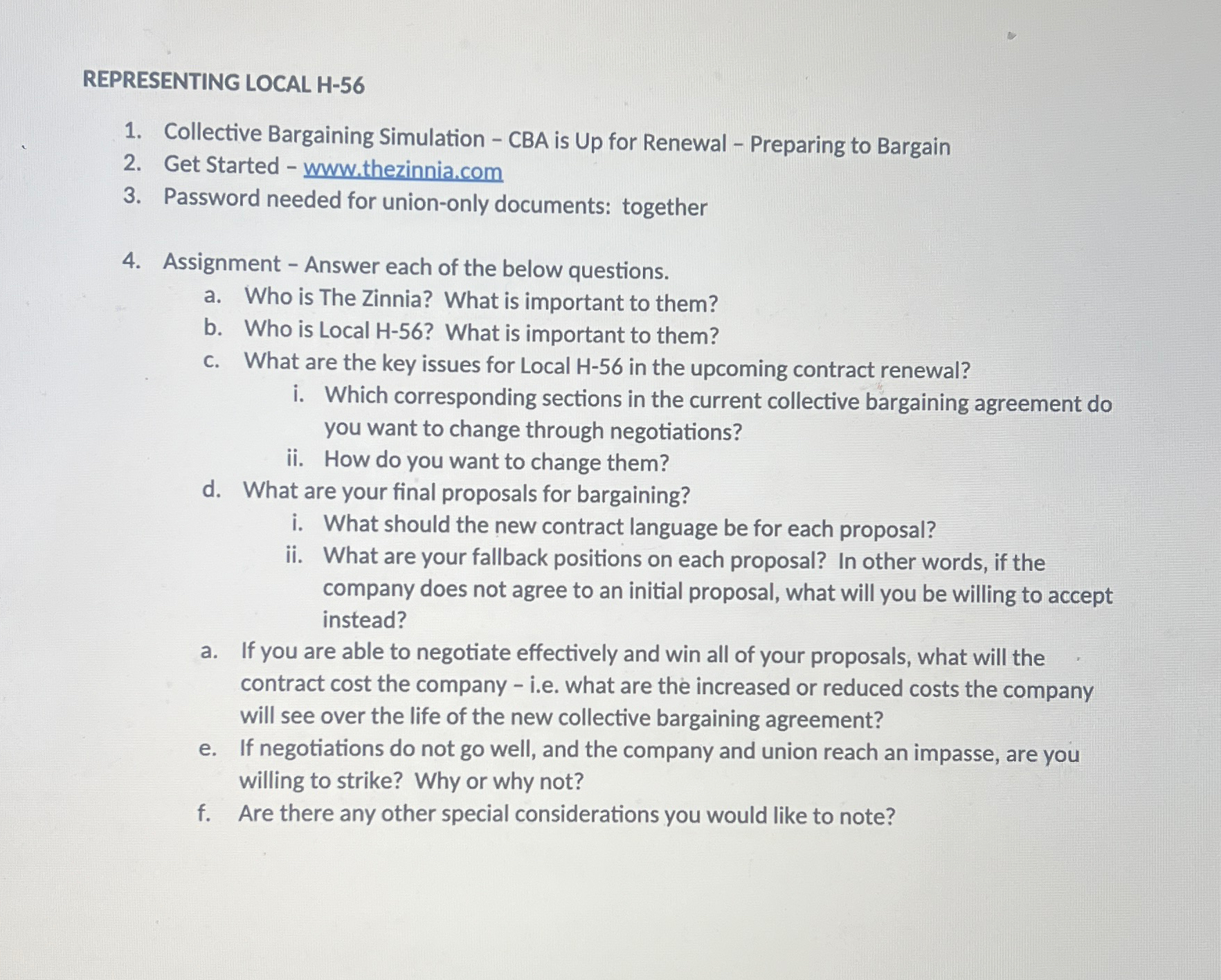  REPRESENTING LOCAL H-56 Collective Bargaining Simulation - CBA is Up for
