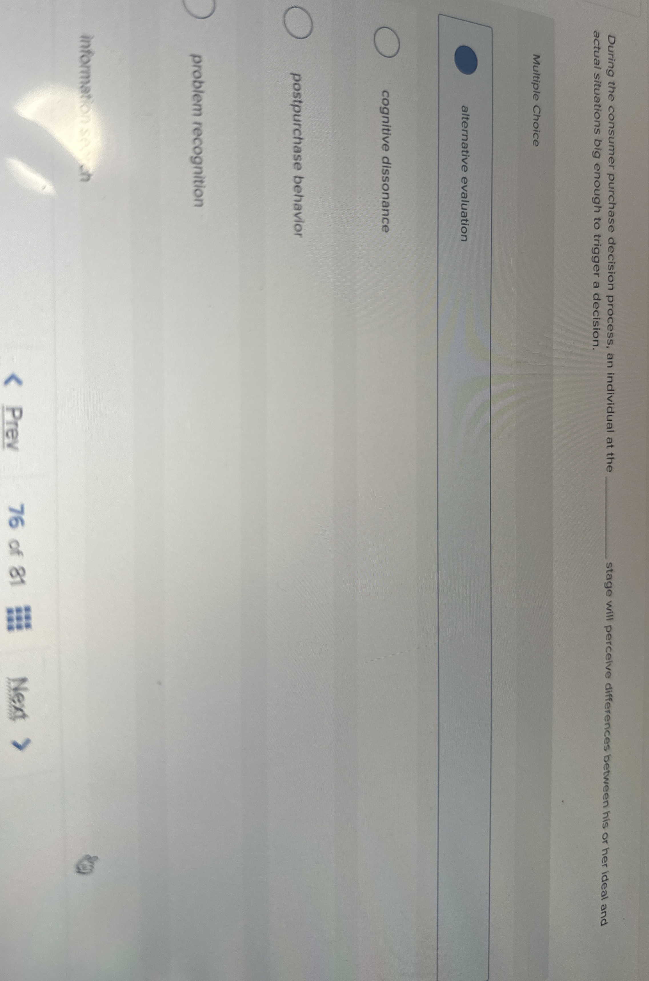  During the consumer purchase decision process, an individual at the actual