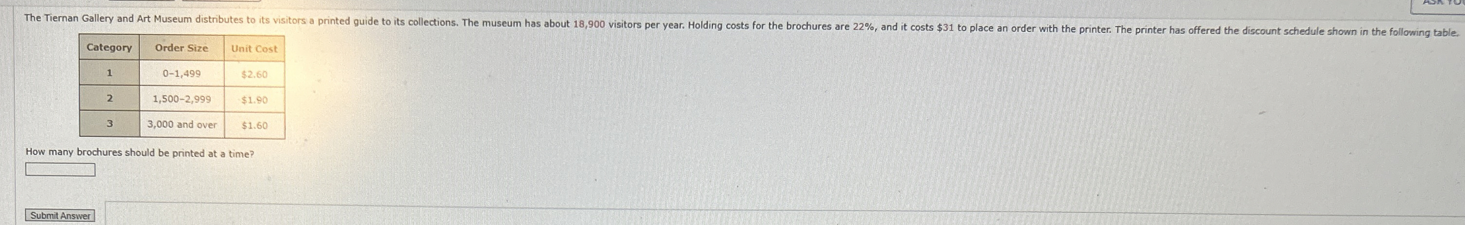  \table[[Category,Order Size,Unit Cost],[1,0-1,499,$2.60 