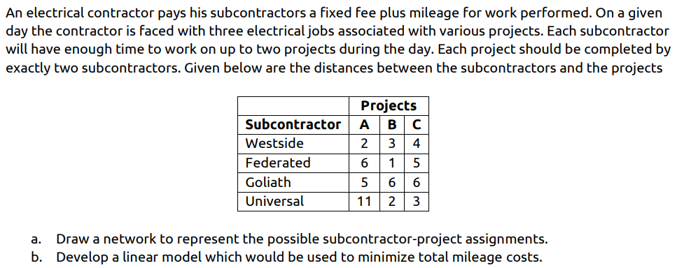  An electrical contractor pays his subcontractors a fixed fee plus mileage