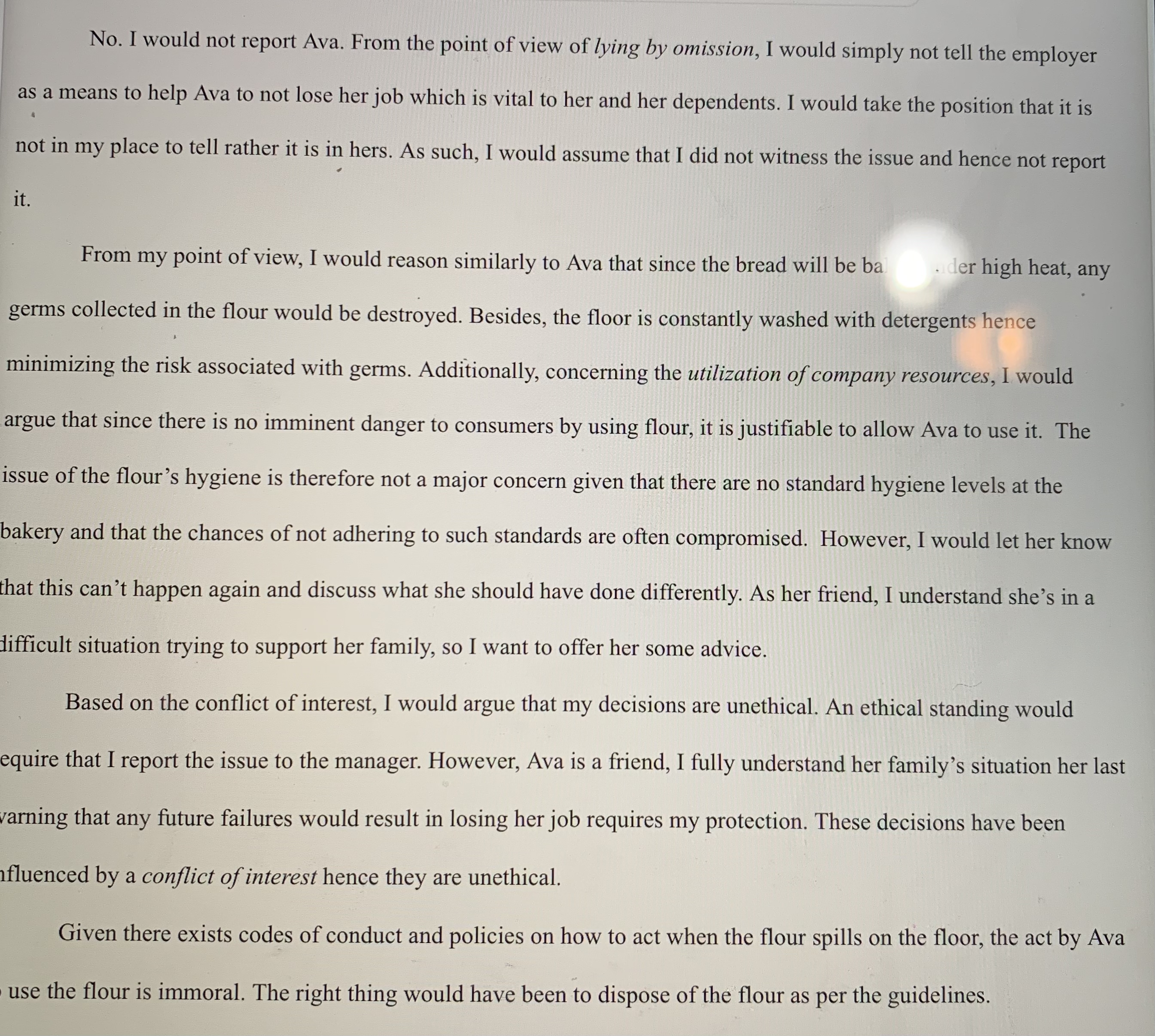  No. I would not report Ava. From the point of view