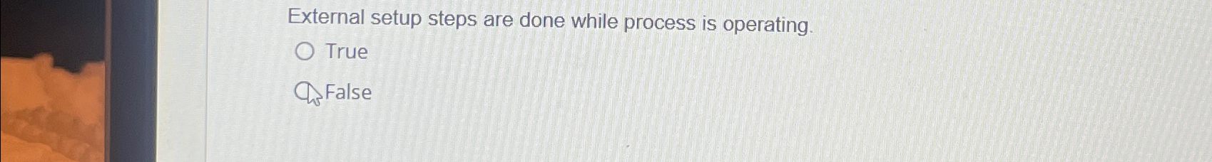  External setup steps are done while process is operating. True False