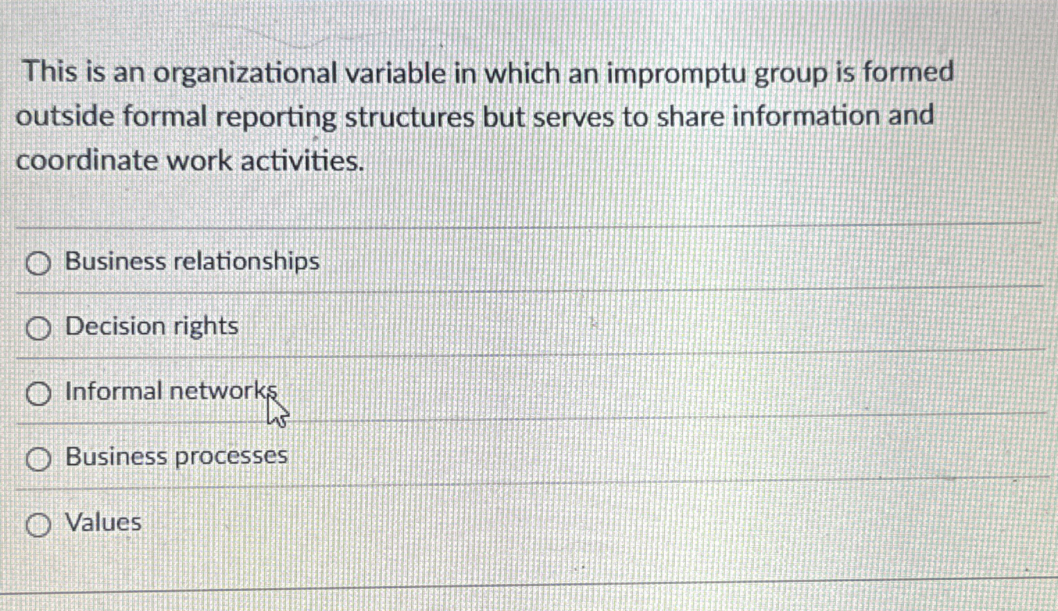  This is an organizational variable in which an impromptu group is