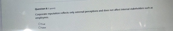  Question 8(1 point) Corporate reputation reflects only external perceptions and does
