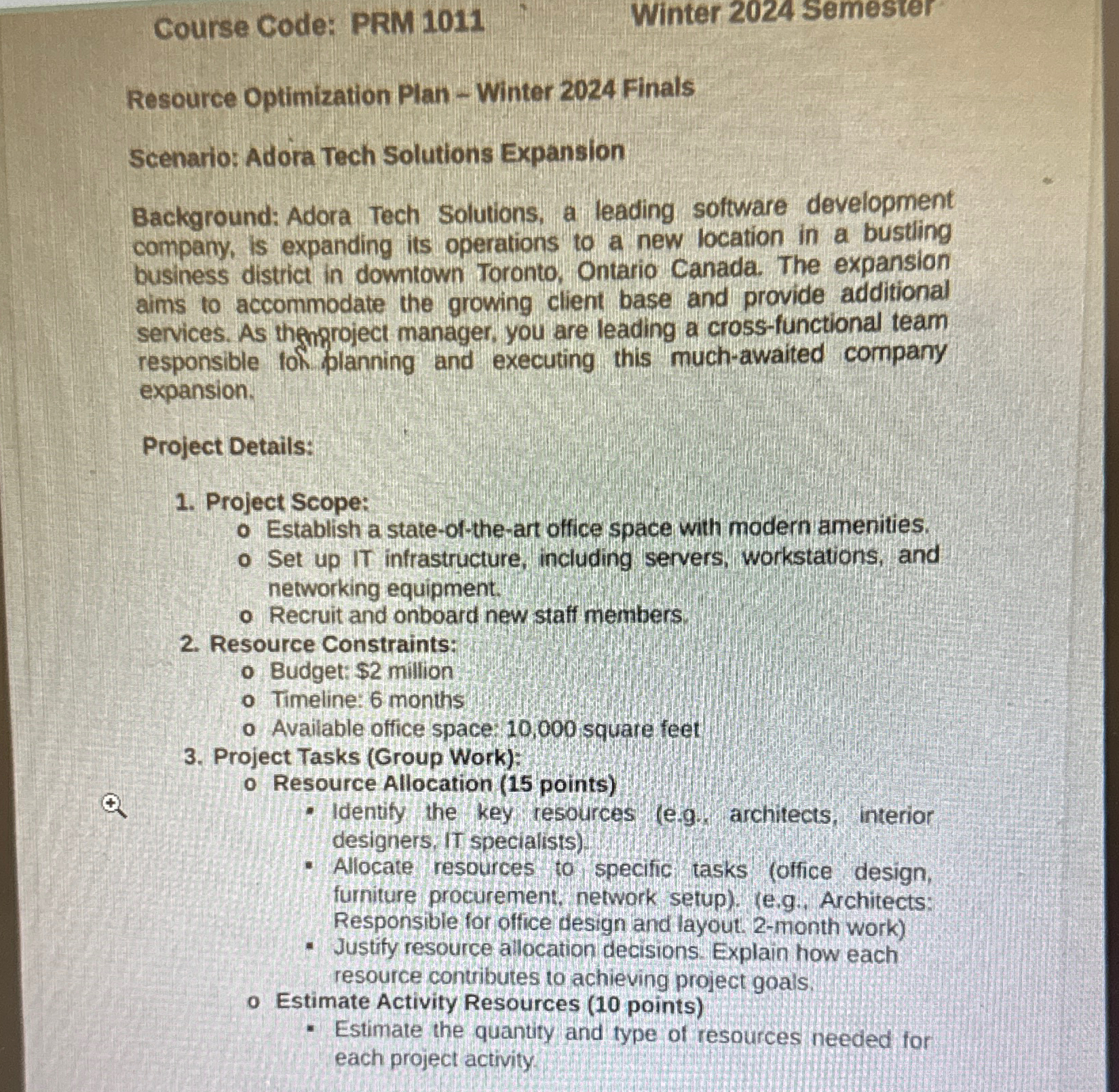  Course Code: PRM 1011 Winter 2024 Semester Resource Optimization Plan -