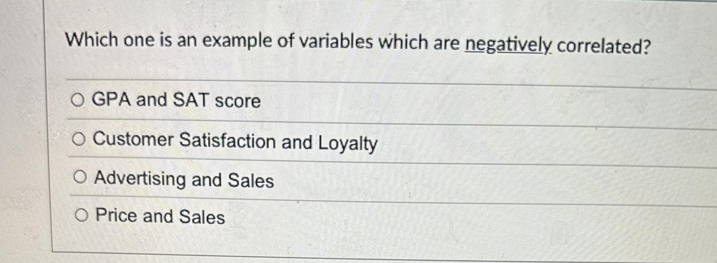  Which one is an example of variables which are negatively correlated?