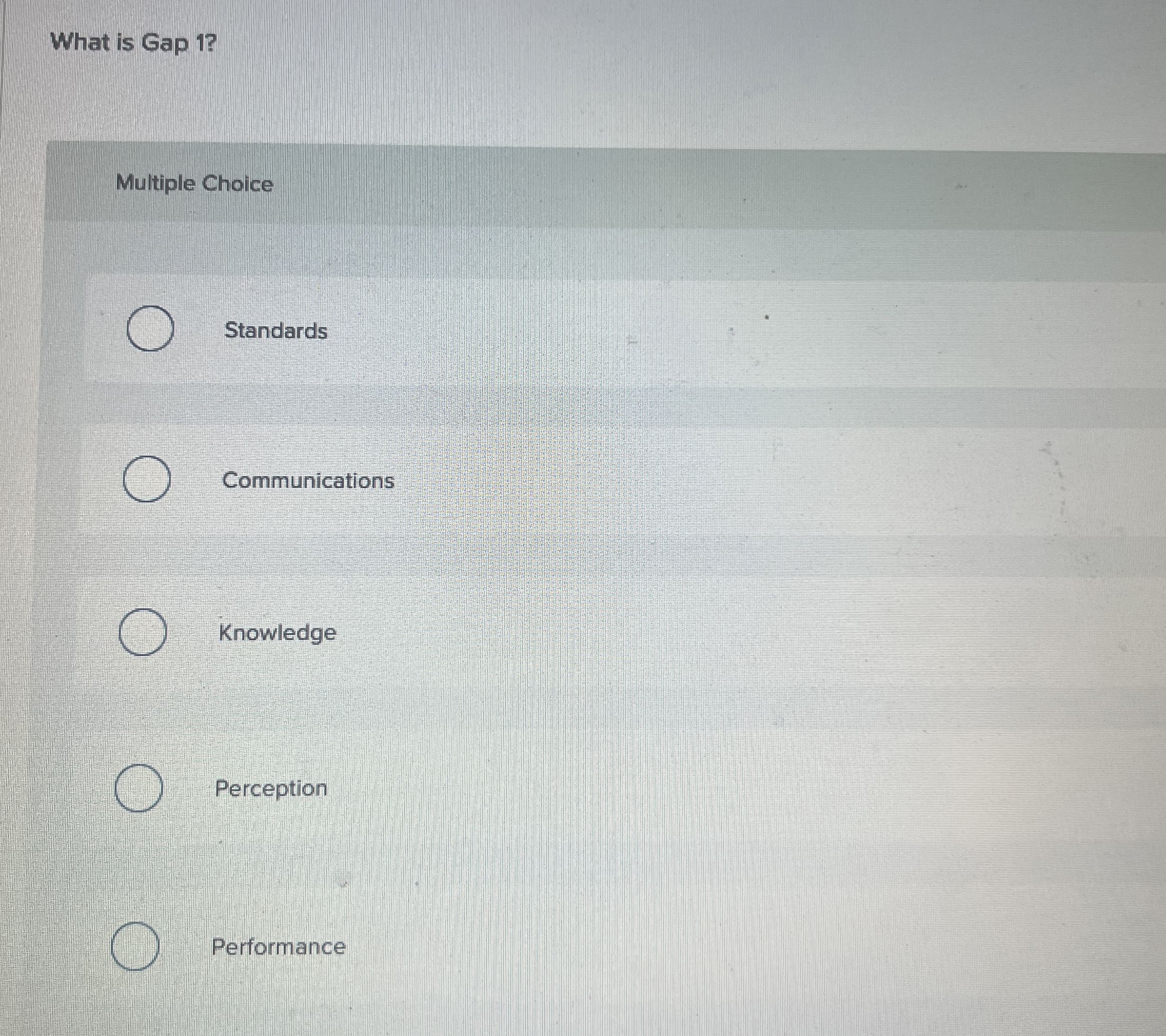  What is Gap 1? Multiple Choice Standards Communications Knowledge Perception Performance