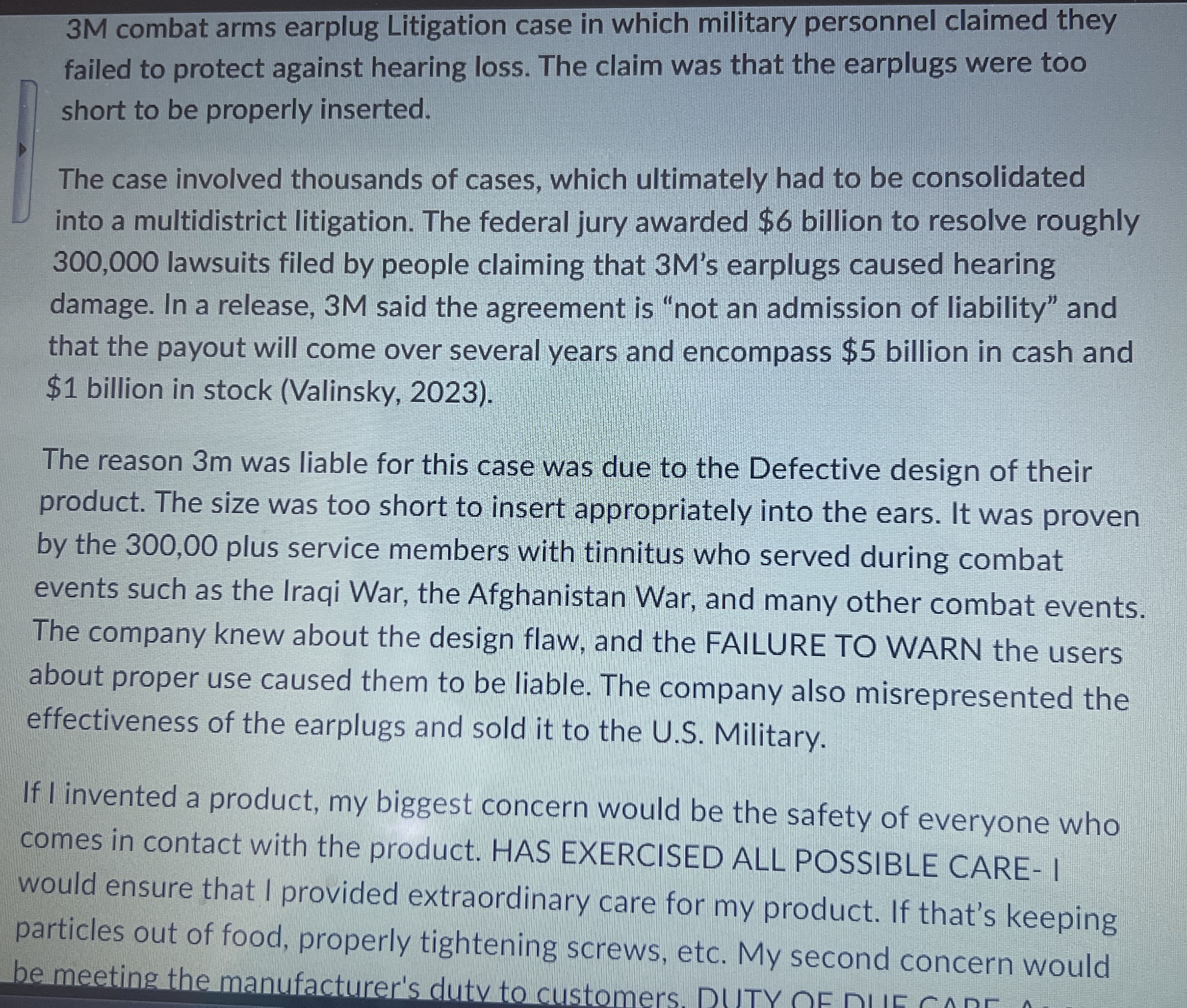  3M combat arms earplug Litigation case in which military personnel claimed