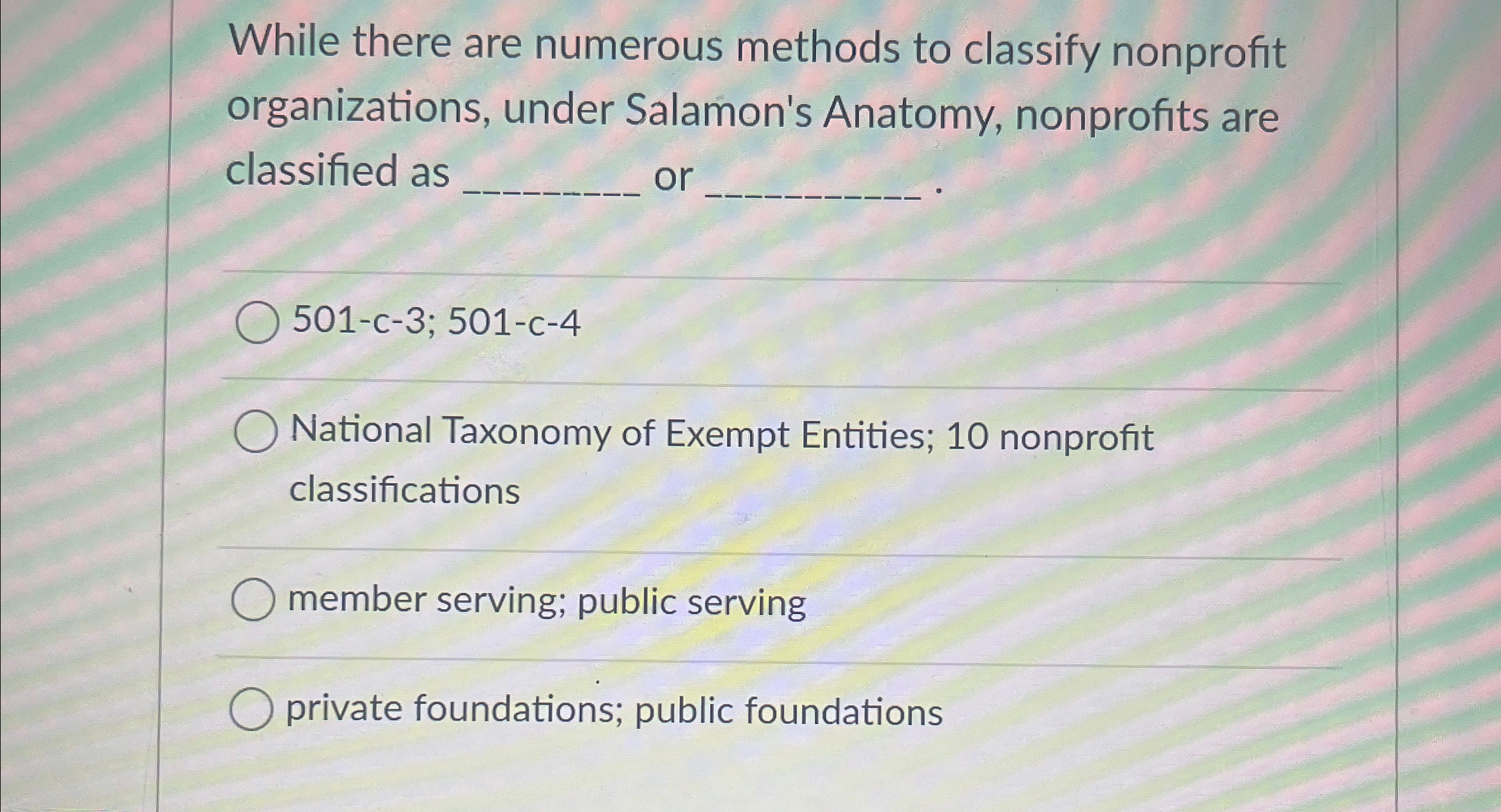  While there are numerous methods to classify nonprofit organizations, under Salamon's