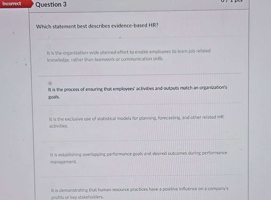  Incorrect Question 3 Which statement best describes evidence-based HR? It is