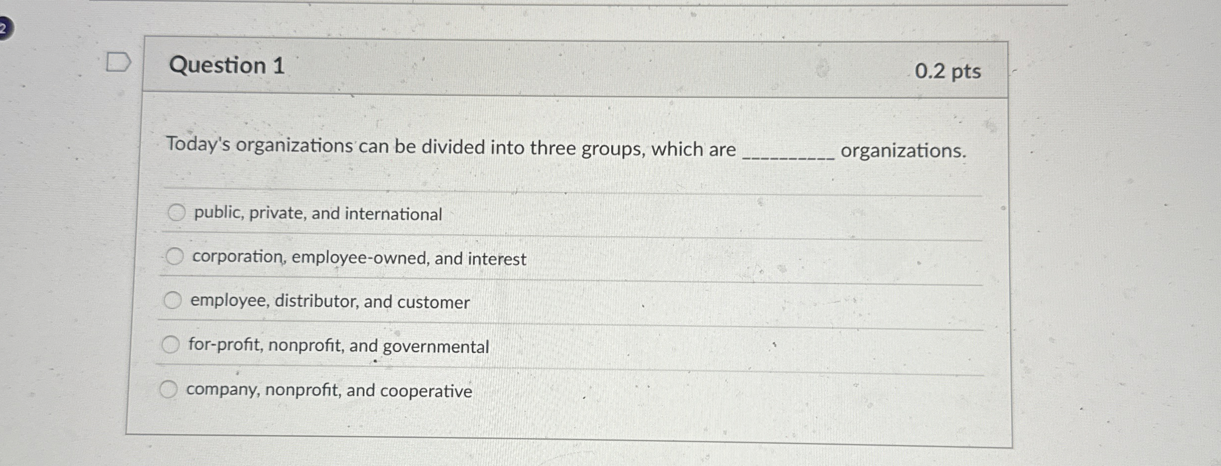  Question 1 Today's organizations can be divided into three groups, which