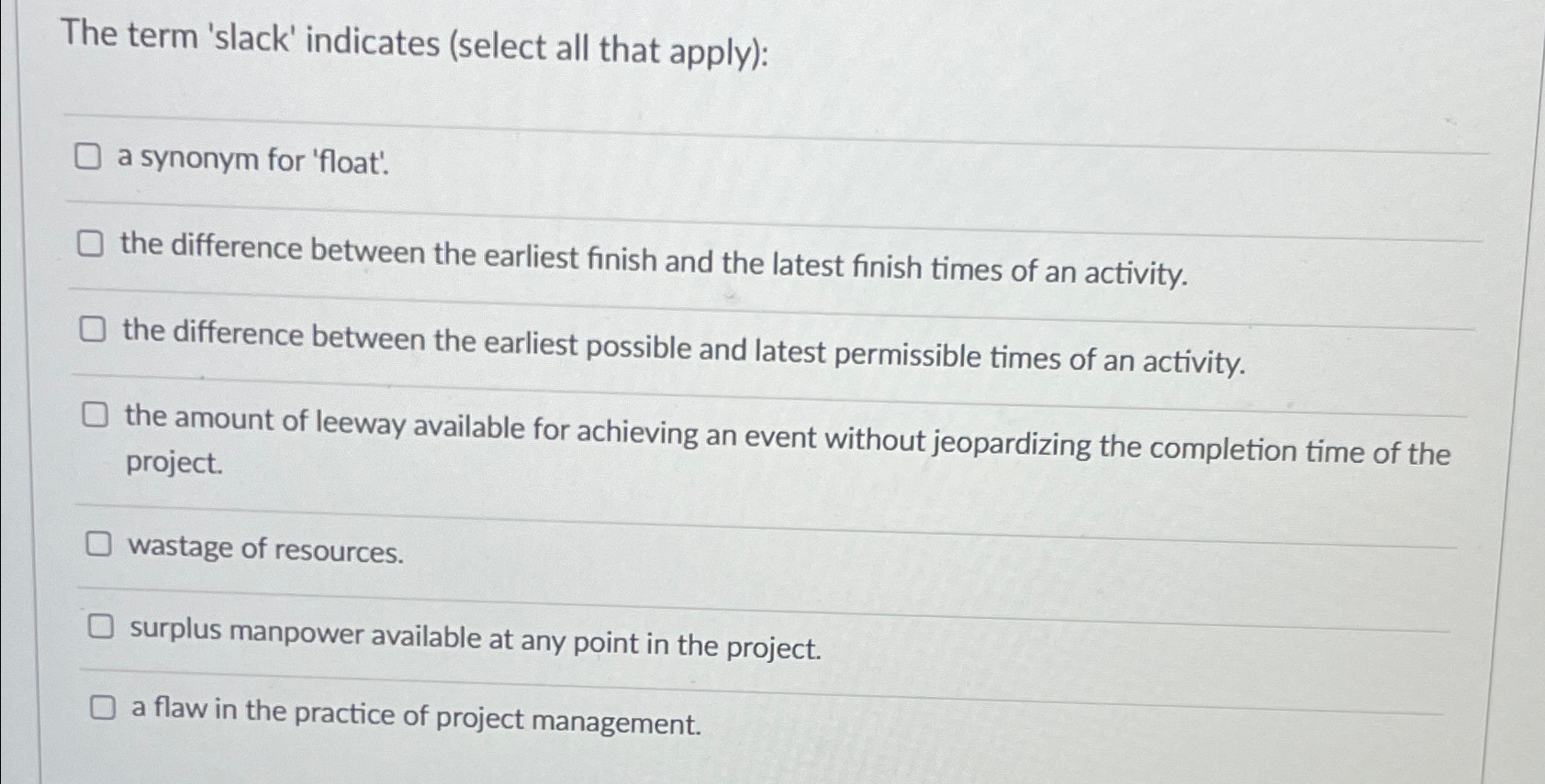  The term 'slack' indicates (select all that apply): a synonym for