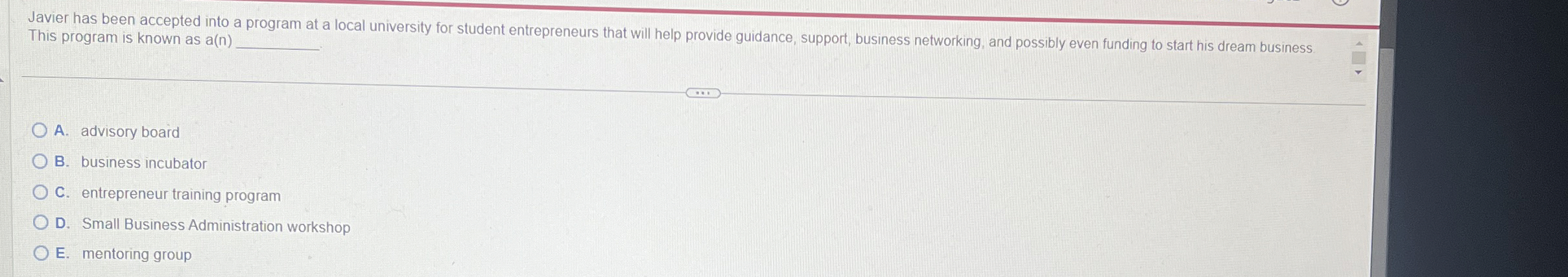  Javier has been accepted into a program at a local university