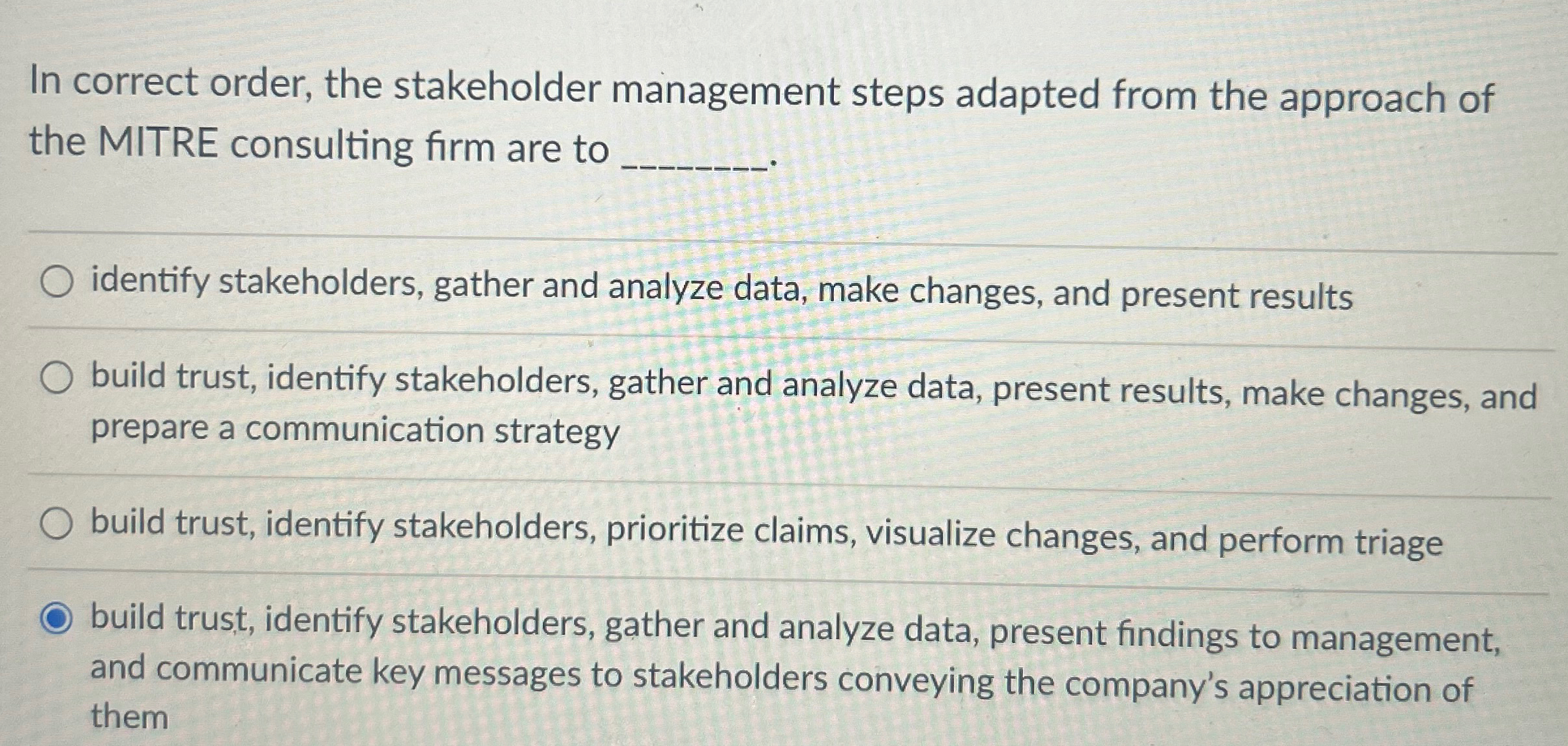  In correct order, the stakeholder management steps adapted from the approach