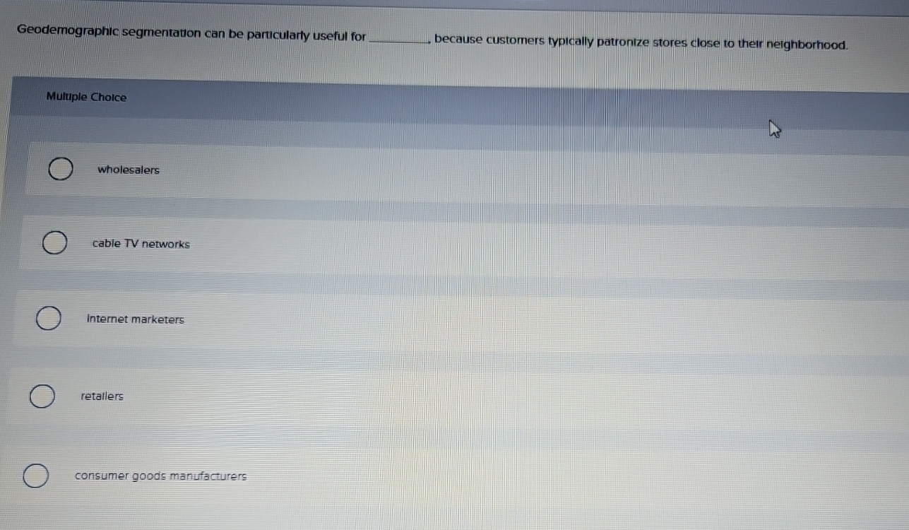  Geodemographic segmentation can be particularty useful for because customers typically patronize