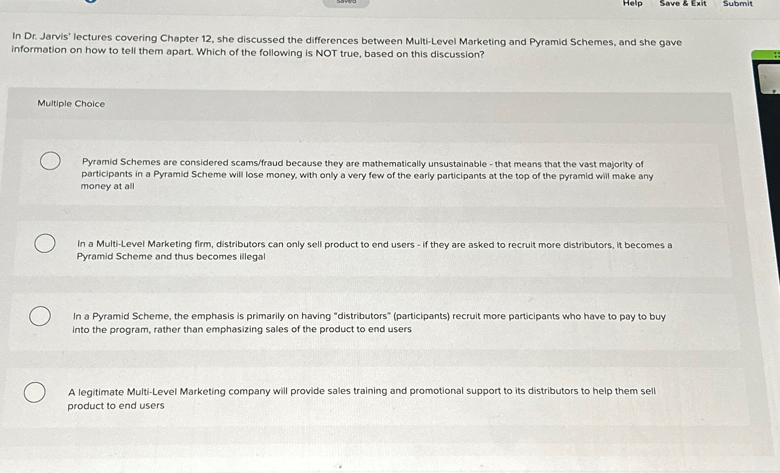  Help Save & Exit Submit In Dr. Jarvis' lectures covering Chapter