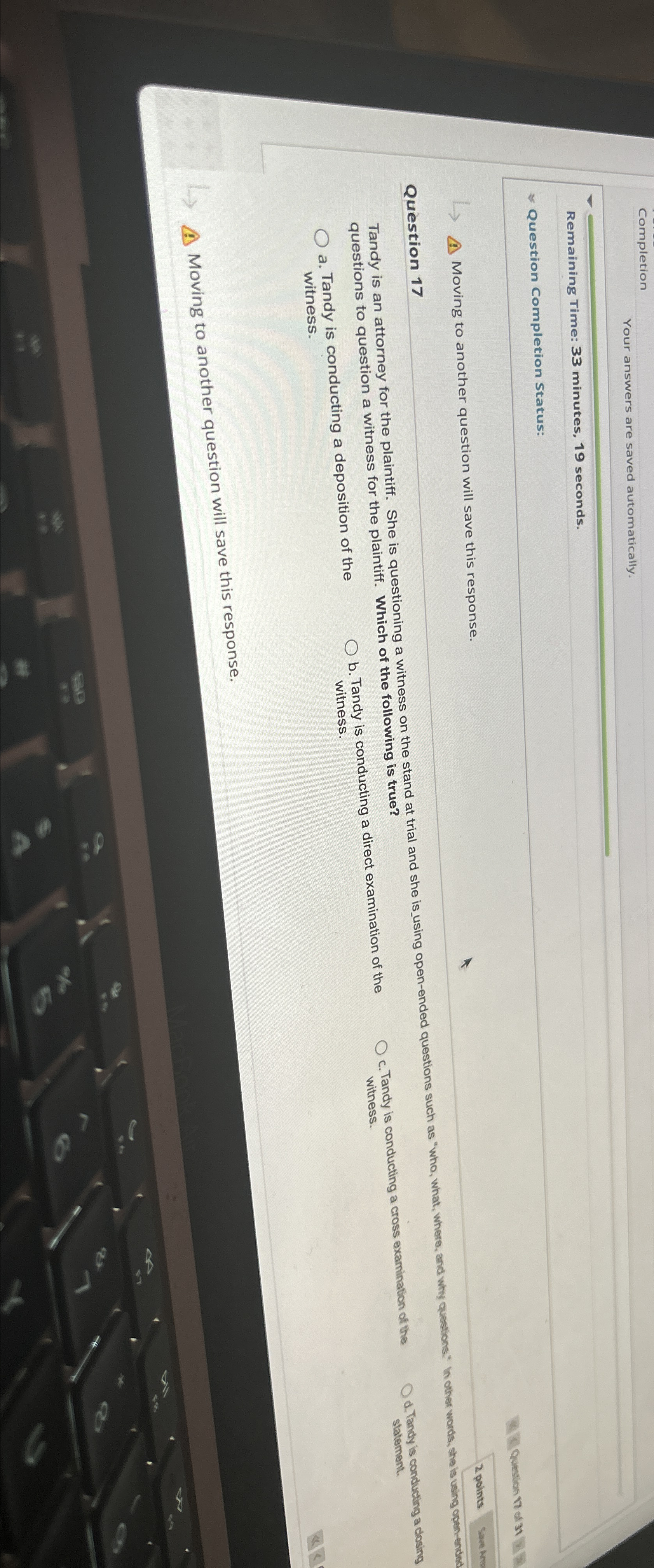  Completion Your answers are saved automatically. Remaining Time: 33 minutes, 19