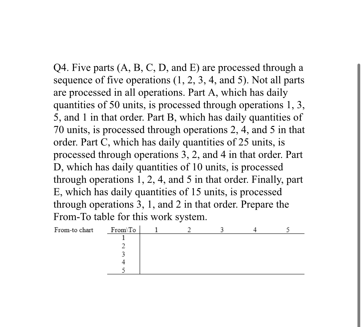  Q4. Five parts (A, B, C, D, and E) are processed