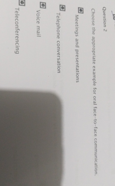  Question 2 Choose the appropriate example for oral face-to-face communication. Meetings