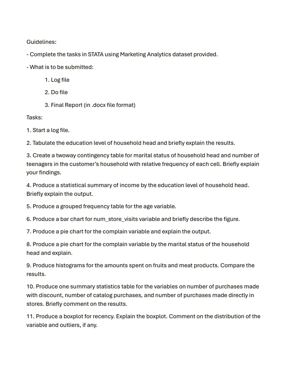  Guidelines: Complete the tasks in STATA using Marketing Analytics dataset provided.