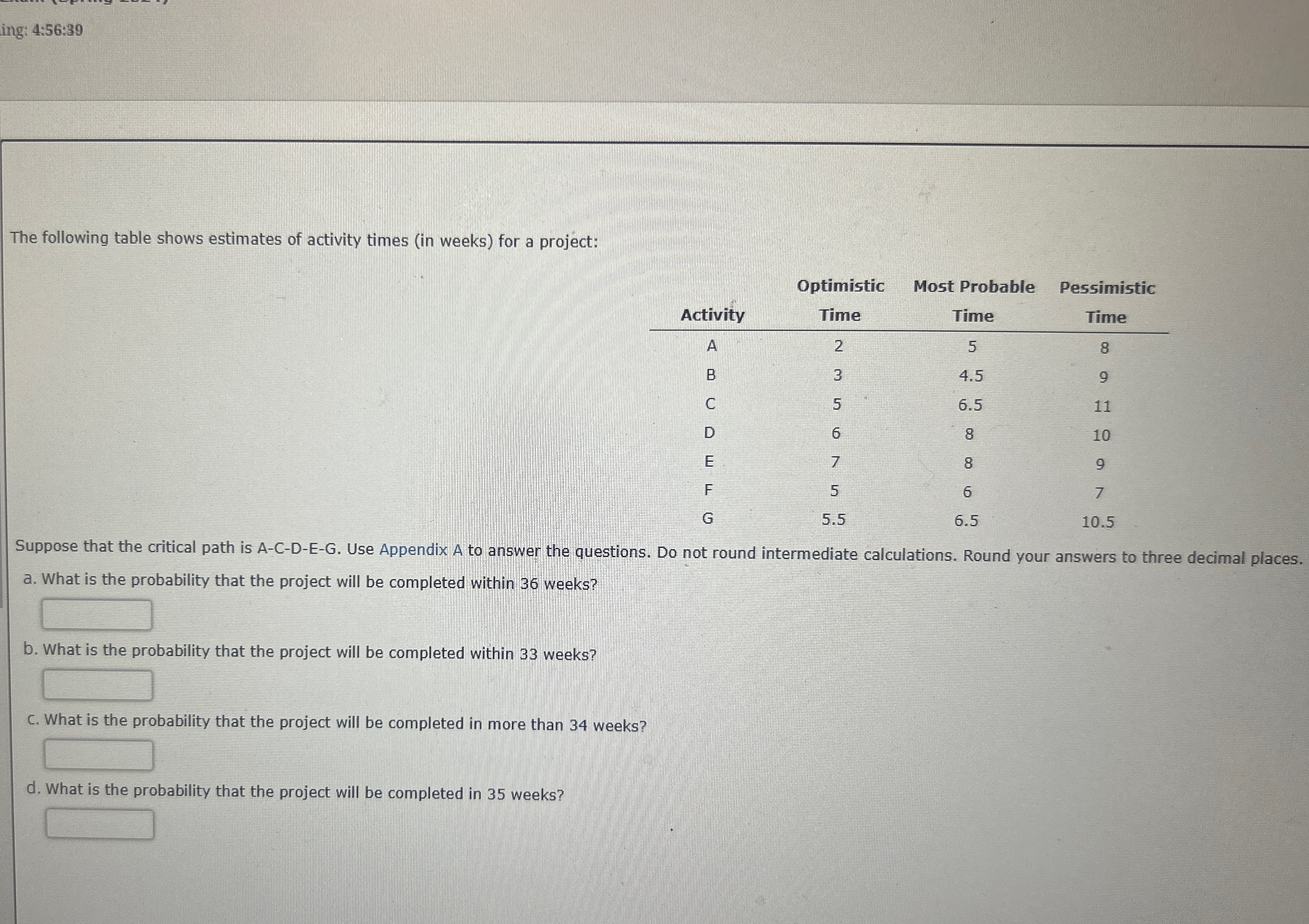  ing: 4:56:39 The following table shows estimates of activity times (in