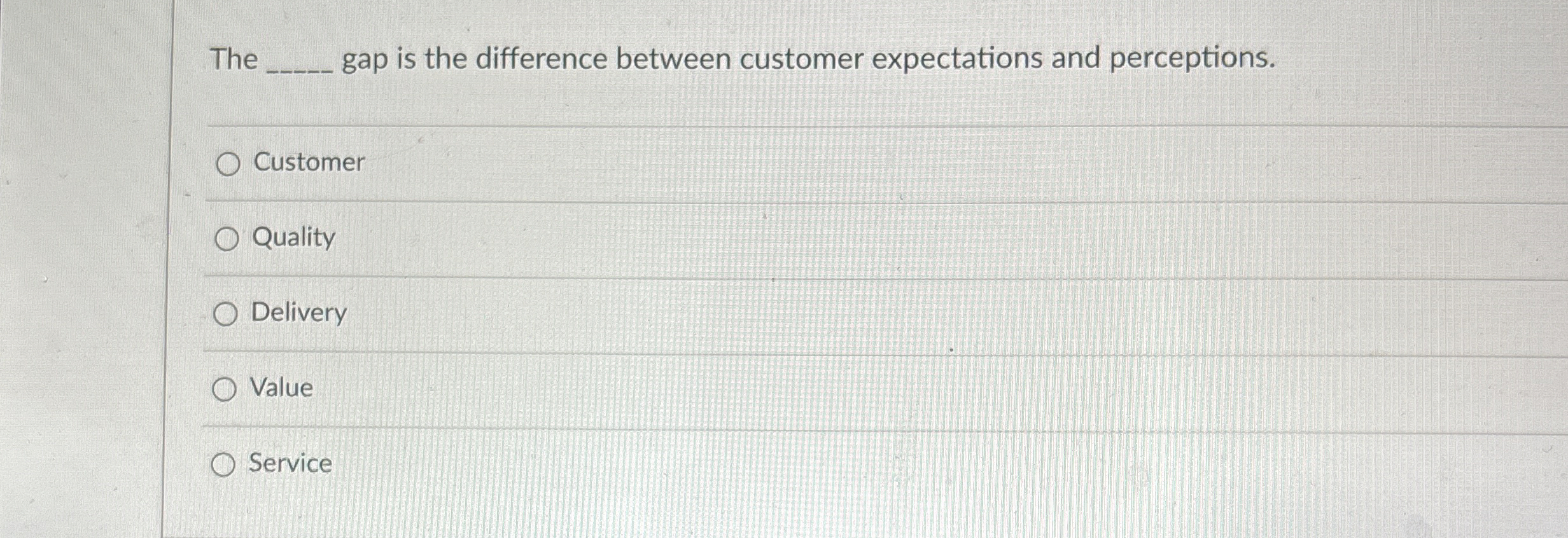  The q, gap is the difference between customer expectations and perceptions.