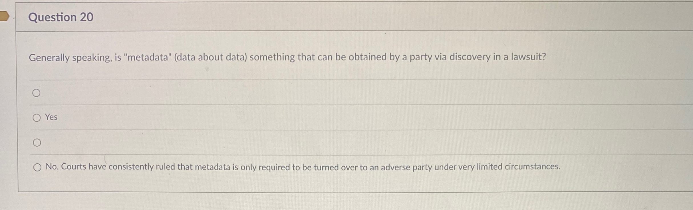  Question 20 Generally speaking, is "metadata" (data about data) something that