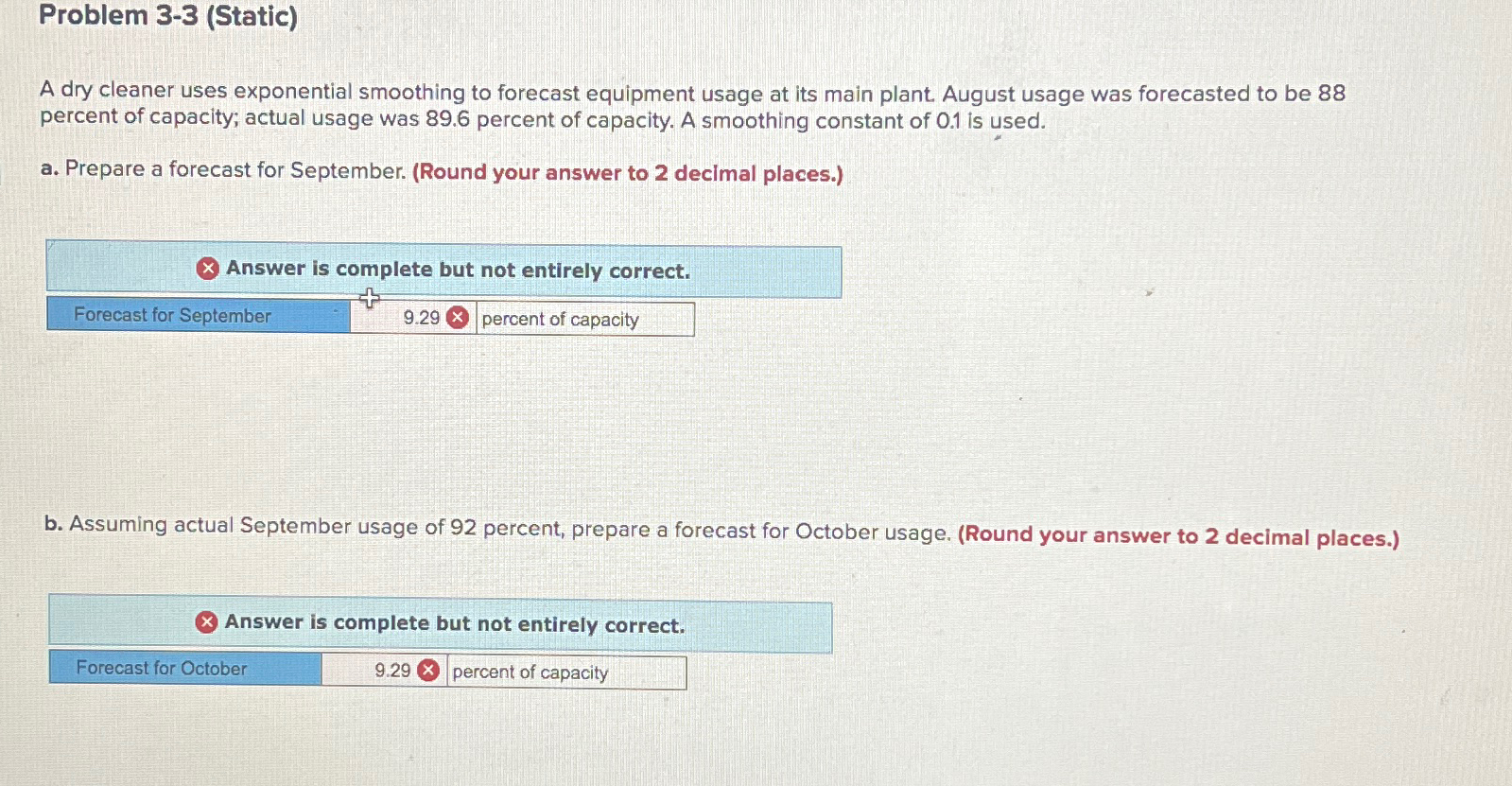  Problem 3-3(Static) A dry cleaner uses exponential smoothing to forecast equipment