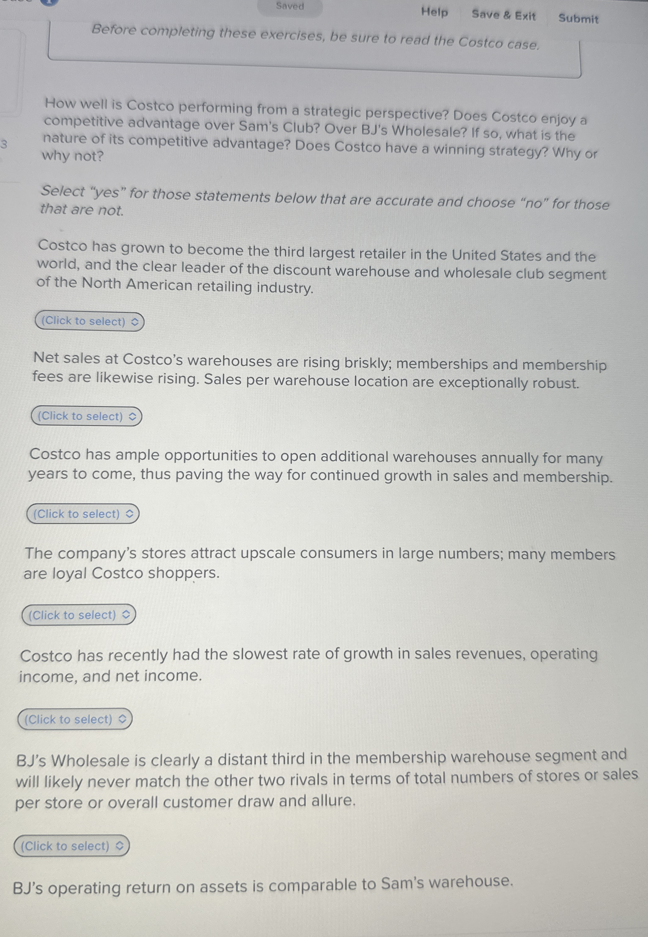  Before completing these exercises, be sure to read the Costco case.