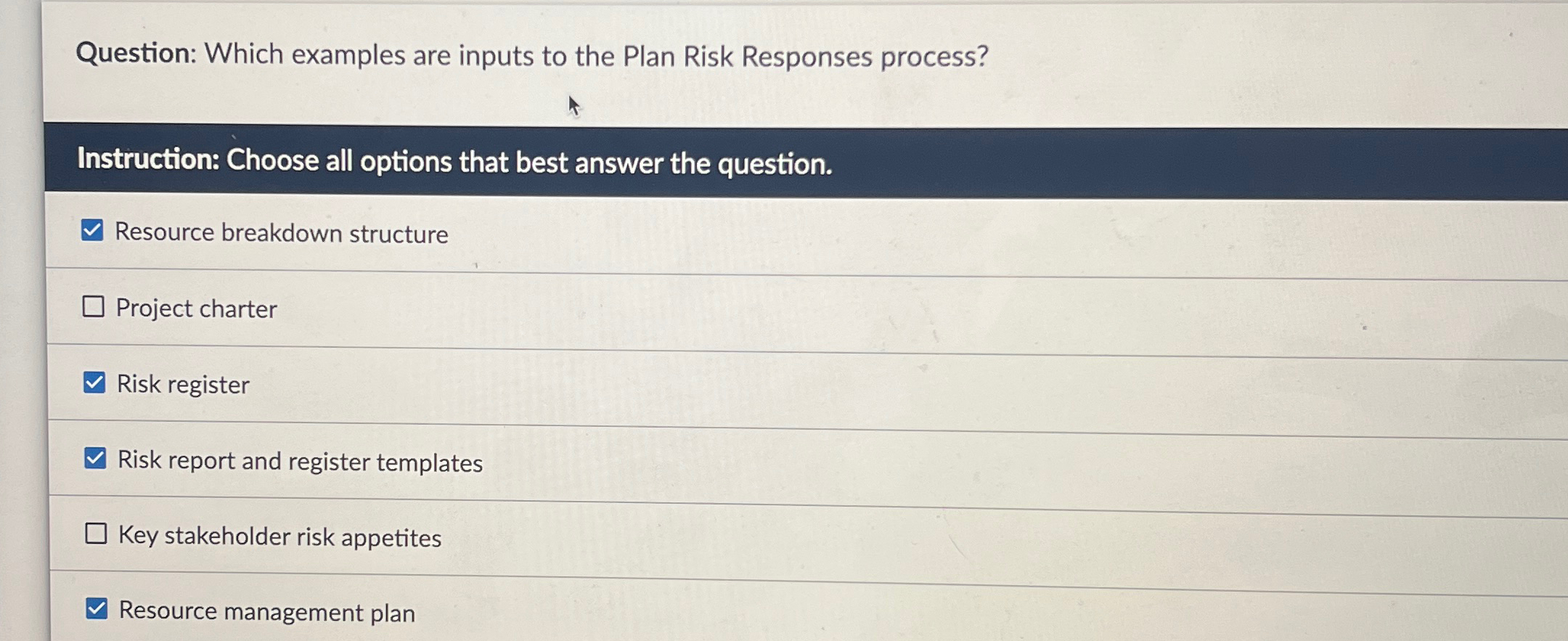  Question: Which examples are inputs to the Plan Risk Responses process?