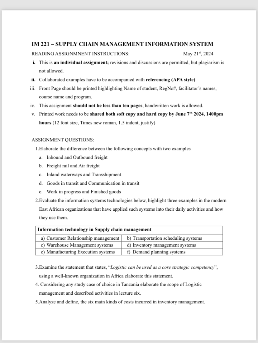  IM 221- SUPPLY CHAIN MANAGEMENT INFORMATION SYSTEM READING ASSIGNMNENT INSTRUCTIONS: May