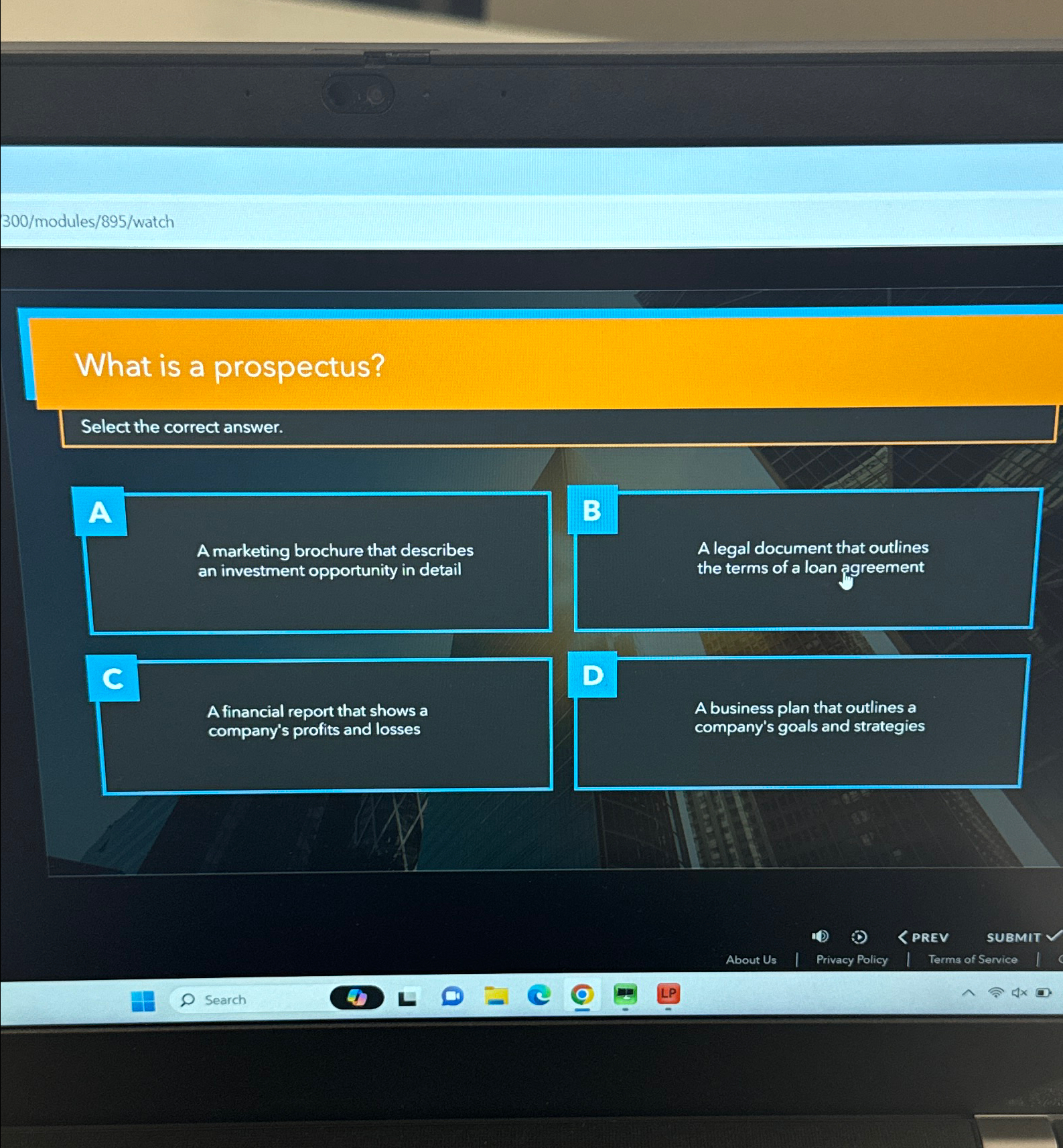  300/modules/895/watch What is a prospectus? Select the correct answer. A marketing