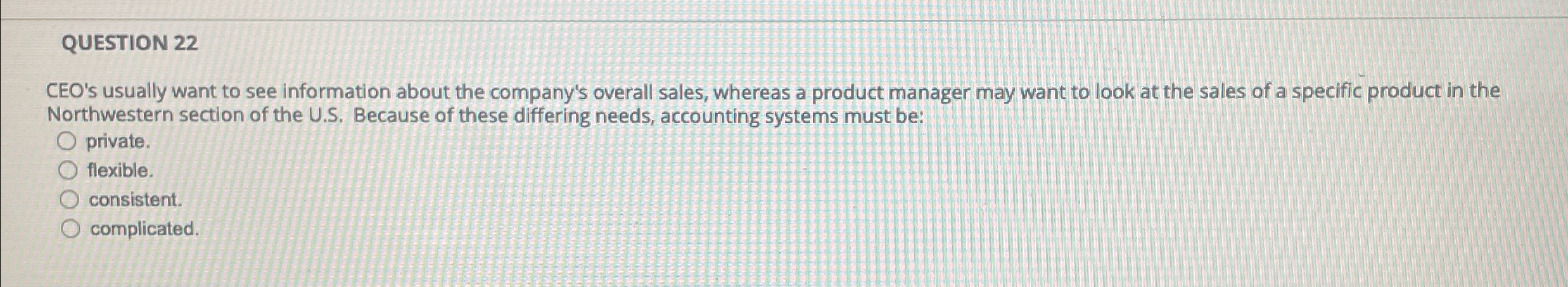  QUESTION 22 CEO's usually want to see information about the company's