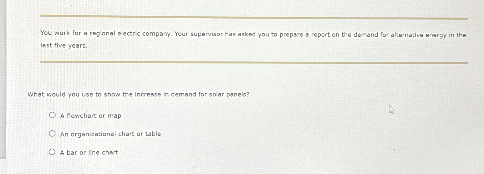  You work for a regional electric company. Your supervisor has asked