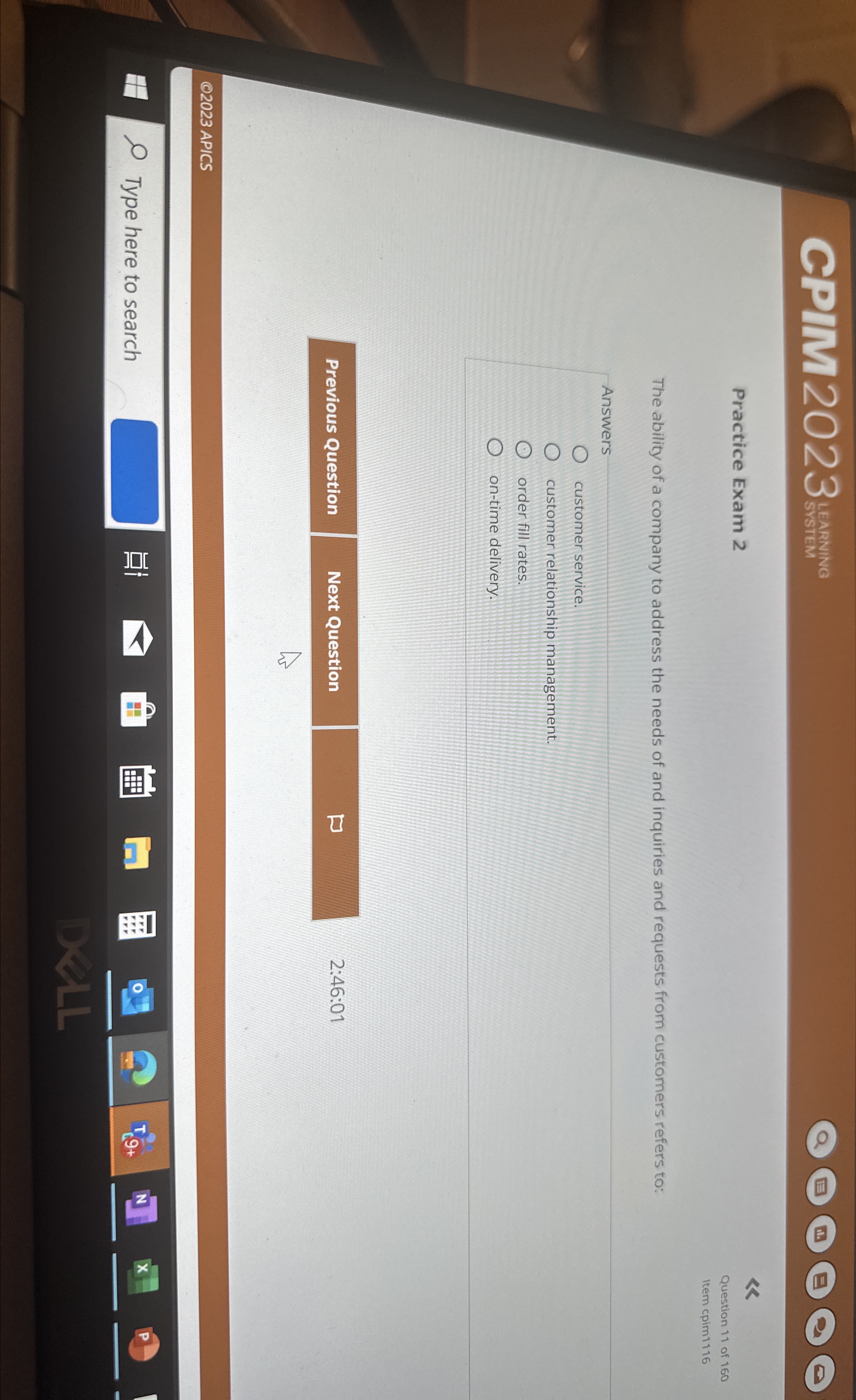  CPIM2023 Practice Exam 2 Question 11 of 160 Item cpim 1116