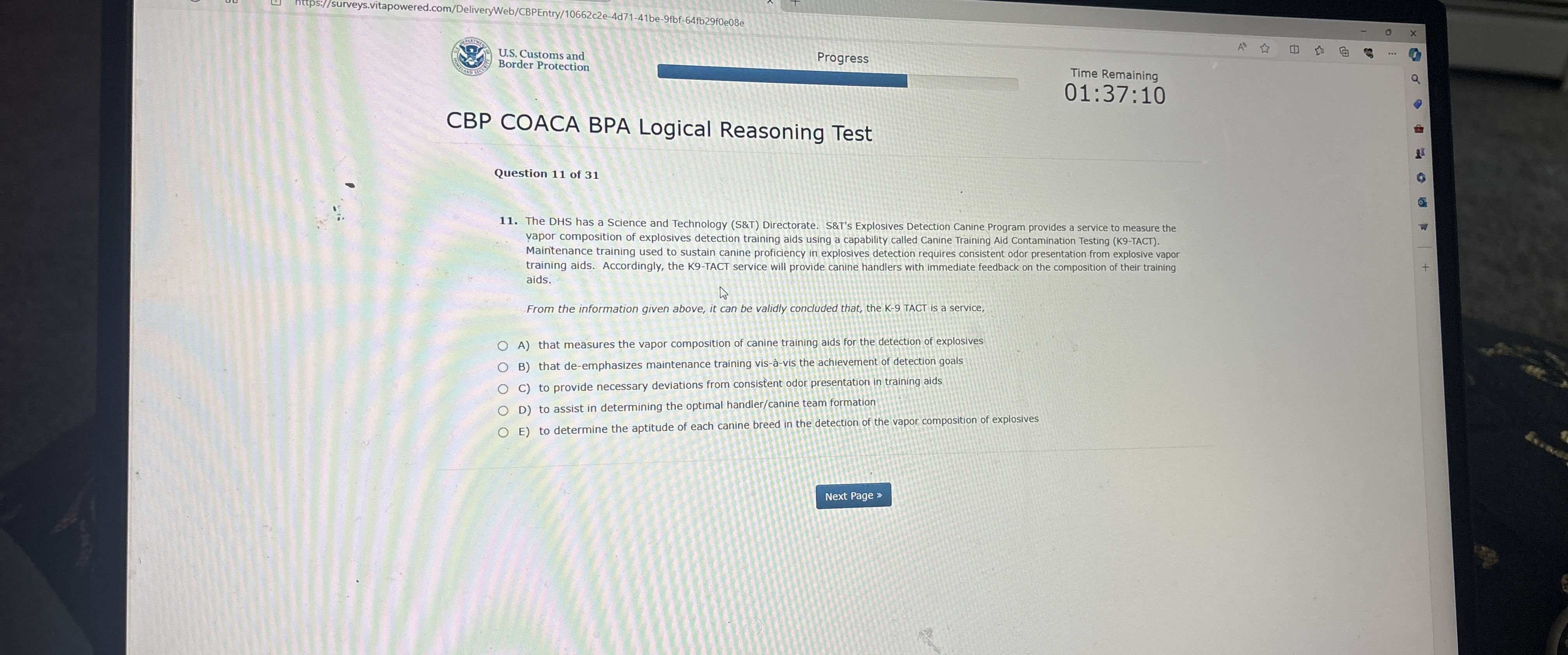  nitps://surveys.vitapowered.com/DeliveryWeb/CBPEntry/10662c2e-4d71-41be-9fbf-64fb29f0e08e U.S. Customs and Border Protection Progress Time Remaining 01:37:10 CBP